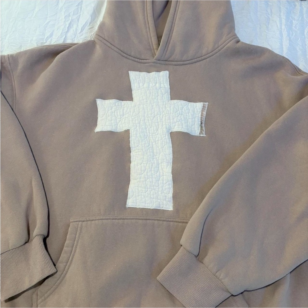 Brown Hoodie with White Cross Patch
